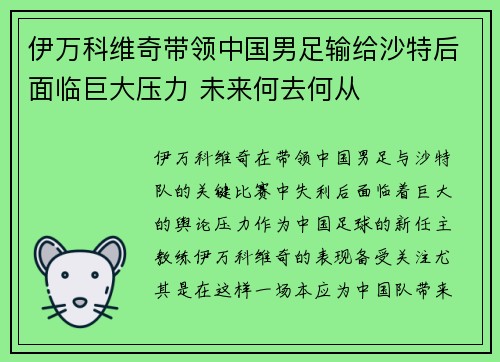 伊万科维奇带领中国男足输给沙特后面临巨大压力 未来何去何从
